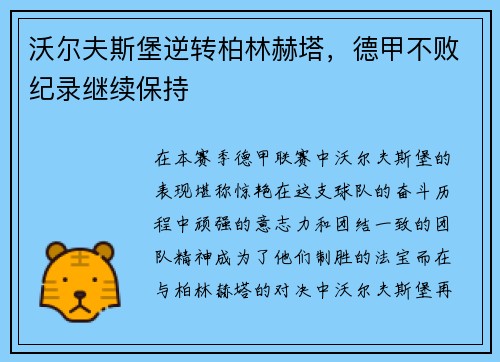 沃尔夫斯堡逆转柏林赫塔，德甲不败纪录继续保持