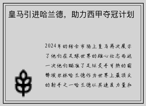 皇马引进哈兰德，助力西甲夺冠计划